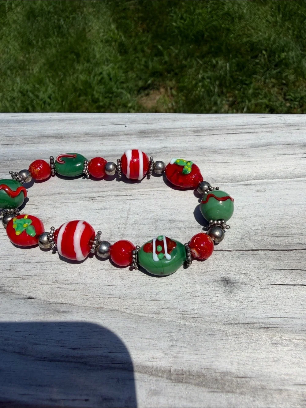 Christmas Stocking Candy Cane Tree  Jewelry Glass Beads Bracelet Stretchy